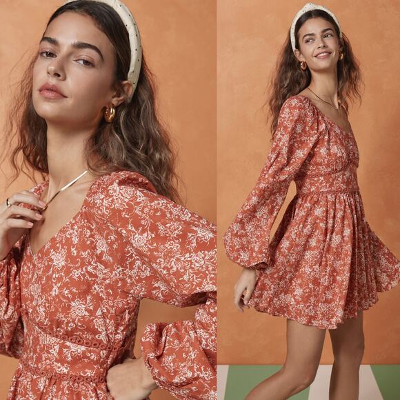 CAROLINE CONSTAS NWT Blakely Floral Cotton Mini Dress in Rust Toile Size S - Picture 1 of 16